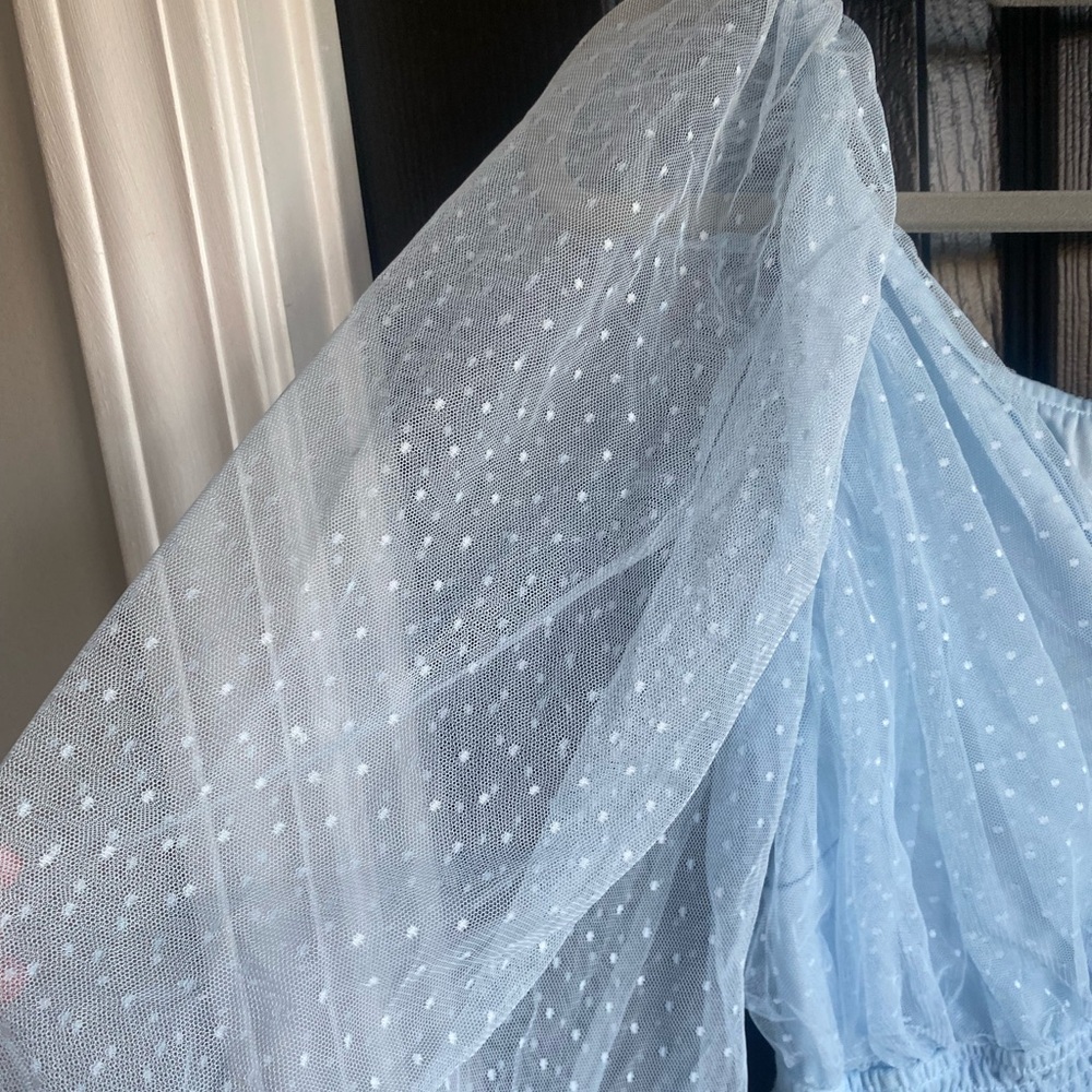 Audrey Parks Francesca’s Soft Blue Tulle Blouse Sheer Long-Sleeve Crop-Size L - Picture 4 of 8